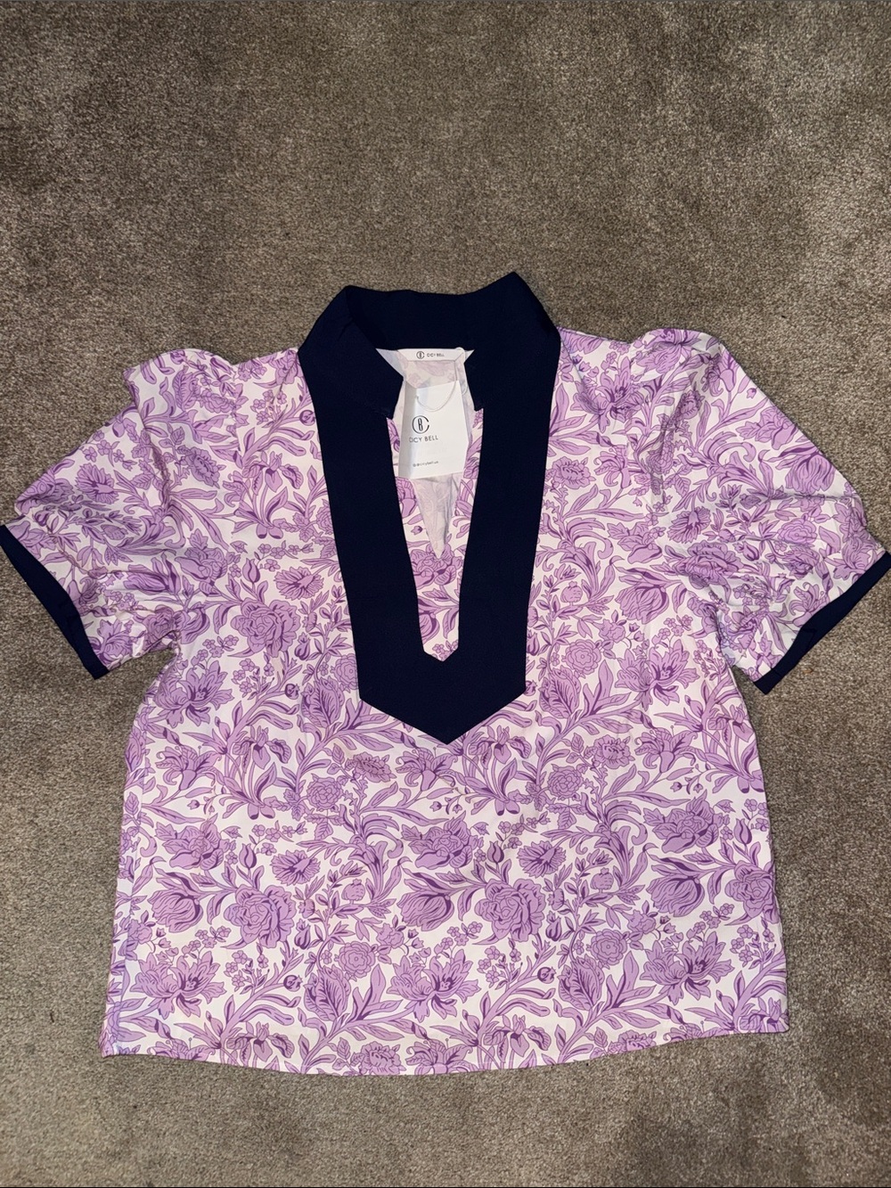Floral Purple Short-Sleeve Blouse with Navy V-Trim